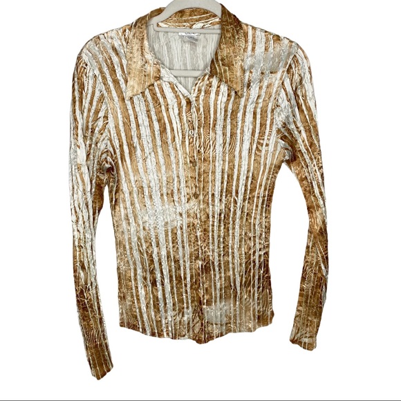 Cache Tops - Vintage Caché Tan Crinkle Button Down Blouse